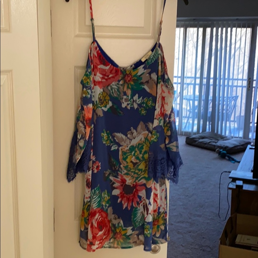 Floral, peep shoulder dress